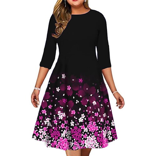 

Women's Plus Size Holiday Dress Floral Crew Neck Print 3/4 Length Sleeve Fall Spring Work Midi Dress Daily Vacation Dress