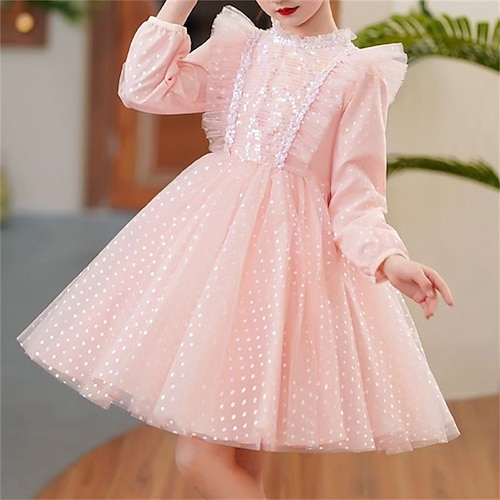 

Girls ' Vestido de Tul Manga Larga Color sólido Gráfico impreso en 3D Vestidos Estilo lindo Princesa Hasta la Rodilla Poliéster Vestido Verano Primavera Niños Fiesta Diario Delgado Lentejuelas