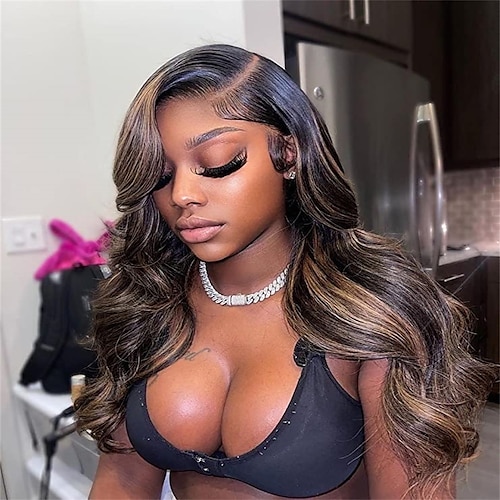 

Highlight Lace Front Wig Human Hair Ombre Human Hair Wigs for Black Women Body Wave Wig Pre Plucked 13x4 Deep Part Honey Blonde Royal Wave Glueless Brown Frontal Wig 8-30 Inch 150%/180% Density