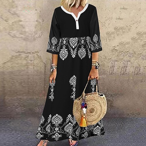 

Women's Shift Dress Swing Dress Long Dress Maxi Dress Black Yellow White Half Sleeve Floral Print Fall Spring Autumn Crew Neck Loose Fit 2022 S M L XL XXL 3XL 4XL 5XL