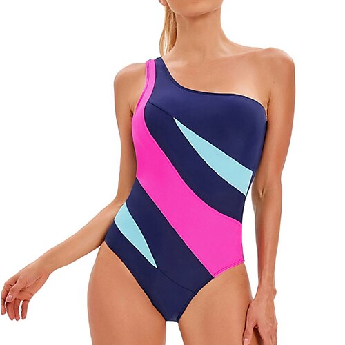 

Women's Swimwear One Piece Monokini Bathing Suits Plus Size Swimsuit Backless Tummy Control Color Block Blue Bathing Suits New Sporty One-Shoulder / Vacation / Casual / Modern / Padded Bras