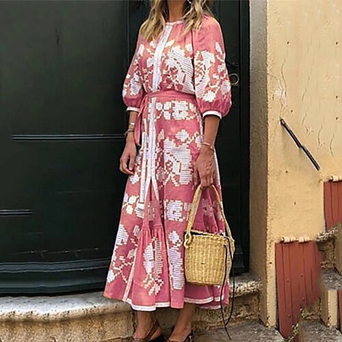 

Women's Casual Dress Shift Dress Long Dress Maxi Dress Yellow Pink Purple Long Sleeve Geometric Lace up Summer Spring Crew Neck Elegant Winter Dress Fall Dress 2023 S M L XL XXL 3XL