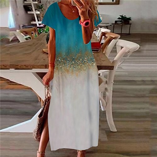 

Women's Shift Dress Maxi long Dress Green Blue Gray Short Sleeve Print Color Gradient Split Print Spring Summer V Neck Casual Vacation 2022 S M L XL XXL 3XL