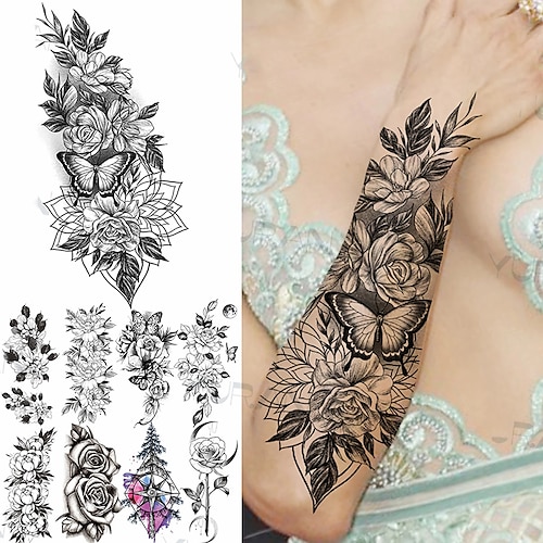 

9PCS Sexy Black Flower Butterfly Temporary Tattoos For Women Thigh Men Fake Moon Rose Compass Fake Tatoos Forearm Tattoo Stickers