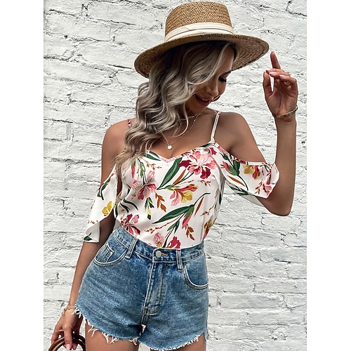 

Women's Daily Holiday Weekend Floral Blouse Shirt Floral Short Sleeve Print V Neck Casual Streetwear Tops White S / 3D Print
