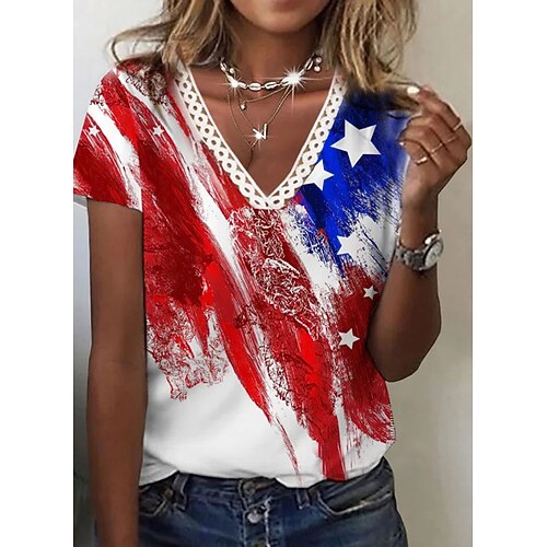 

Women's Floral Theme Painting T shirt Floral Tie Dye Lace Trims Print V Neck Basic Tops Green Blue White / 3D Print