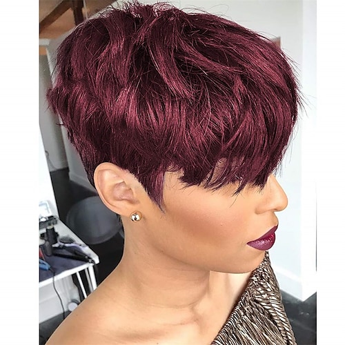 

Pixie Cut Synthetic Hair Wigs with Bangs Burgundy Color Wigs Cute Brazilian Short Red Layered Wavy Wigs for Women 99j Color