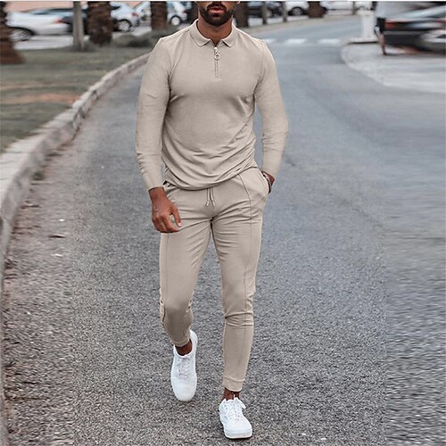 

Men's Collar Polo Shirt Golf Shirt Set Solid Color Collar Green Pink Yellow Khaki Navy Blue Outdoor Street Long Sleeve Zipper Clothing Apparel Cotton Simple Sportswear Casual Comfortable / Winter