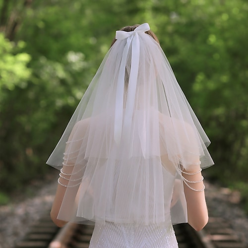 

Two-tier Classic & Timeless / Sweet Wedding Veil Elbow Veils with Satin Bow Tulle