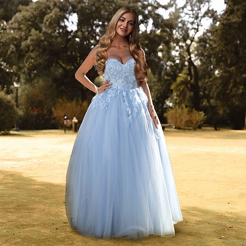 

Ball Gown Prom Dresses Floral Dress Quinceanera Floor Length Sleeveless Sweetheart Neckline Tulle with Appliques Pure Color 2022