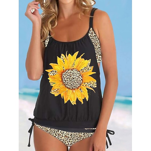 

Women's Swimwear Tankini 2 Piece Normal Swimsuit Water Sports Open Back Print Leopard Flower Black Strap Bathing Suits New Vacation Holiday / Modern / Cute / Padded Bras