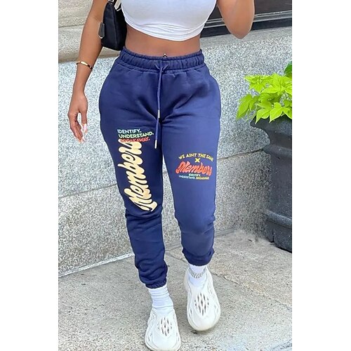 

Women's Sweatpants Joggers Blue Mid Waist Fashion Leisure Sports Weekend Side Pockets Micro-elastic Full Length Comfort Letter S M L XL