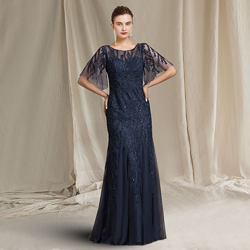 

A-Line Mother of the Bride Dress Luxurious Elegant Jewel Neck Floor Length Lace Tulle Short Sleeve with Appliques 2022