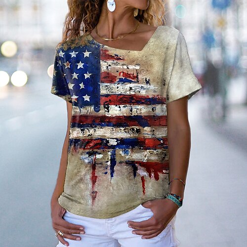 

Women's Floral Theme Painting T shirt USA Print V Neck Basic Tops Yellow / 3D Print