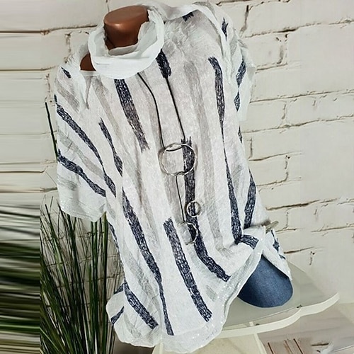 

Women's Plus Size Tops Blouse Shirt Striped Print Short Sleeve Crewneck Streetwear Daily Vacation Polyester Spring Summer White Yellow