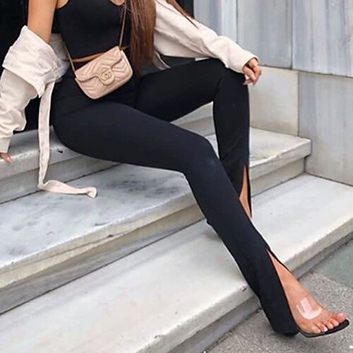 

Women's Tights Leggings Wine Black Mid Waist Fashion Casual Weekend Split Stretchy Full Length Tummy Control Plain S M L XL / Slim