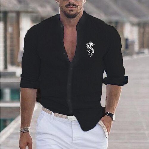 

Men's Shirt Hot Stamping Dragon Graphic Collar Street Casual Button-Down Print Long Sleeve Tops Casual Fashion Designer Big and Tall White Black Army Green