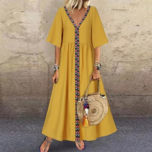 

Women's Casual Dress Swing Dress Long Dress Maxi Dress Black Yellow Half Sleeve Geometric Ruched Fall Spring Autumn V Neck Loose Fit 2022 S M L XL XXL 3XL 4XL 5XL