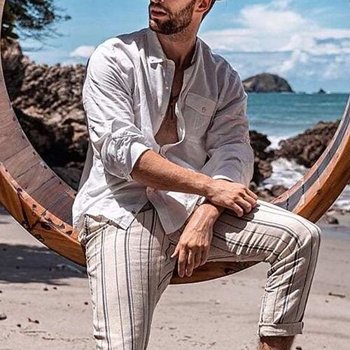 

Men's Shirt Solid Color Turndown Street Casual Button-Down Long Sleeve Tops Casual Fashion Breathable Comfortable White