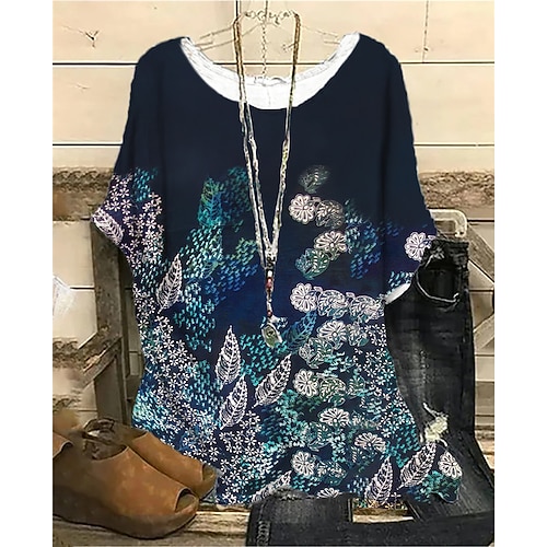 

Women's Plus Size Tops Blouse Shirt Floral Print Short Sleeve Crewneck Streetwear Daily Sports Cotton Spandex Jersey Spring Summer Black Blue