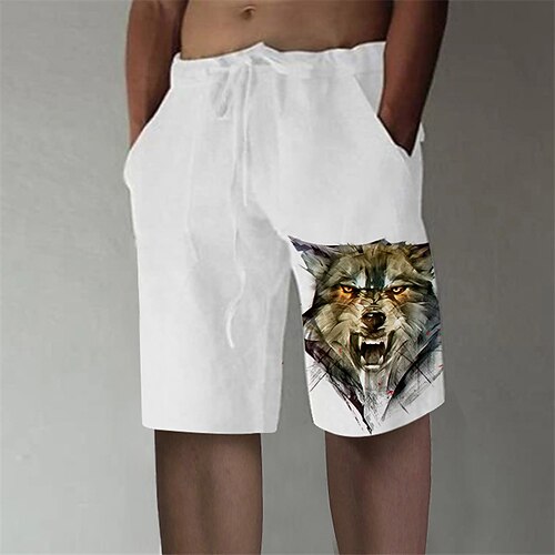 

Men's Designer Stylish Straight Shorts Elastic Waist Print Short Pants Sports Outdoor Daily Graphic Prints Wolf Cotton Blend Comfort Breathable Mid Waist White S M L XL XXL / Summer
