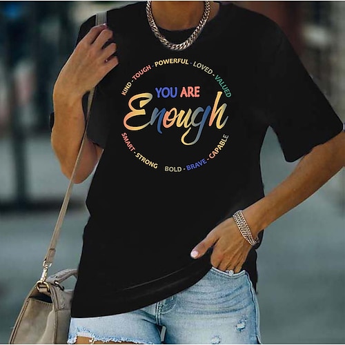 

Women's T shirt Tee Army Green Fuchsia Navy Blue Text Print Short Sleeve Casual Weekend Basic Round Neck Regular Cotton Inspirational Painting S