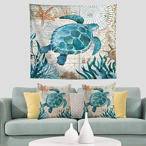 

Sea Turtle Tapestry with 2 Cushion Covers Set of 3 Wall Hanging Tree Trippy Tapestry Meditation Home Room Decoration Tapestries Backdrop Gift