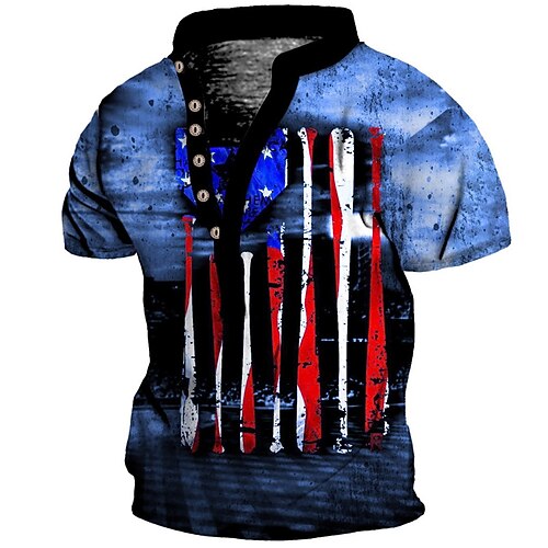 

Men's Henley Shirt Tee T shirt Tee 3D Print Graphic National Flag Plus Size Stand Collar Daily Sports Button-Down Print Short Sleeve Tops Basic Casual Designer Big and Tall White Blue