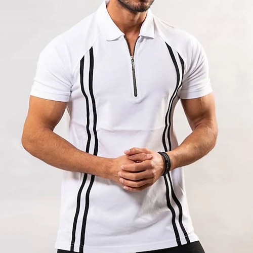 

Men's Shirt Striped Turndown Street Casual Zipper Short Sleeve Tops Casual Fashion Breathable Comfortable White