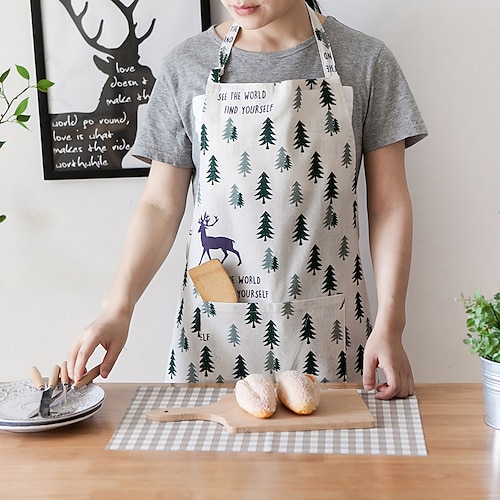 

1 Piece Cotton Linen Kitchen Apron with Adjustable Neck Hidden Pocket with Long Ties for Women Men Chef