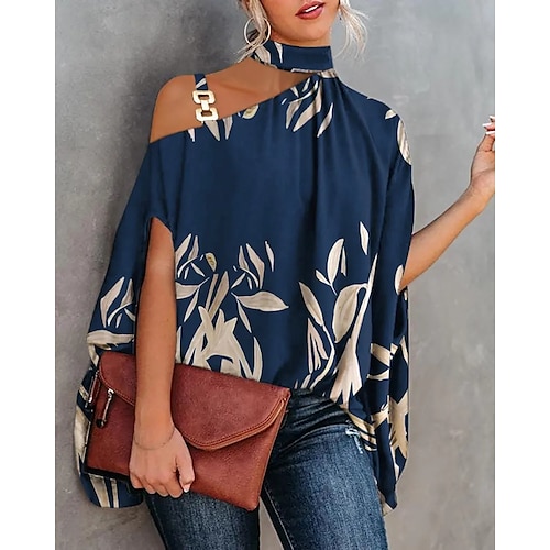 

Women's Blouse Shirt Navy Blue Floral Patchwork Print Short Sleeve Daily Casual Halter Neck Regular Batwing Sleeve S