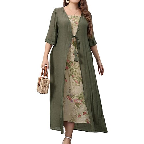 

Women's Plus Size Casual Dress Floral Square Neck Print Half Sleeve Fall Spring Casual Maxi long Dress Causal Daily Dress / Cotton / Linen