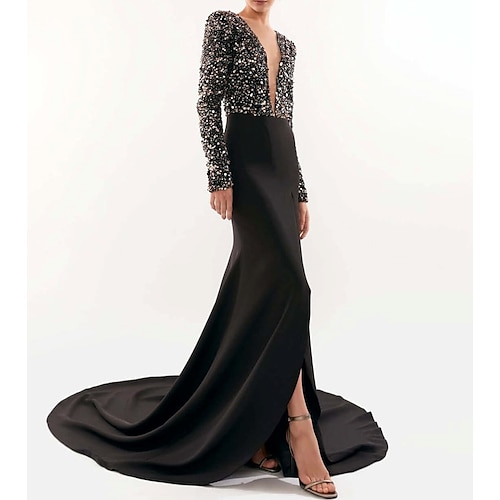 

Mermaid / Trumpet Evening Dresses Reformation Amante Dress Wedding Guest Court Train Long Sleeve Illusion Neck Satin with Sequin Slit Splicing 2022 / Formal Evening