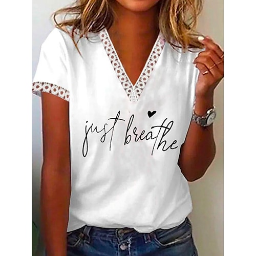 

Women's T shirt Tee White Heart Text Lace Trims Print Short Sleeve Casual Weekend Basic V Neck Regular Painting S
