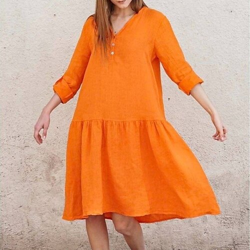 

Mujer Vestido informal Vestido de lino Vestido hasta la Rodilla Caqui Naranja Manga Larga Color puro Volante Retazos Otoño Primavera Escote en Pico Elegante Casual Vacaciones Lino S M L XL