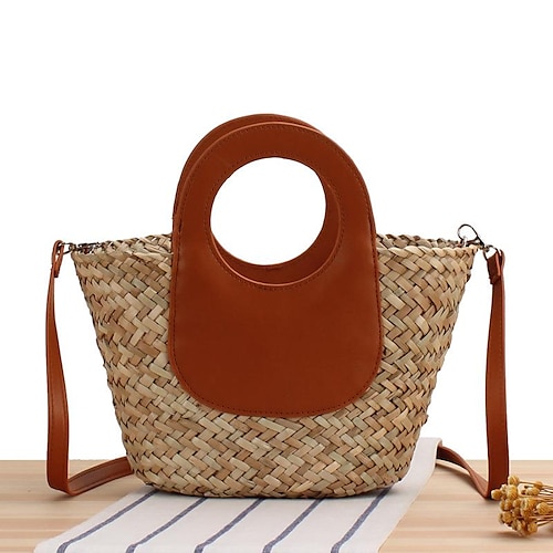 

Women's Straw Bag Beach Bag Top Handle Bag Straw Zipper Solid Color Daily Holiday Outdoor Black Leather Brown leather