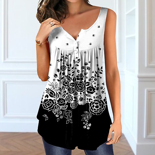 

Women's Floral Tank Top Vest Henley Shirt Floral Button Print V Neck Casual Streetwear Tops White / 3D Print
