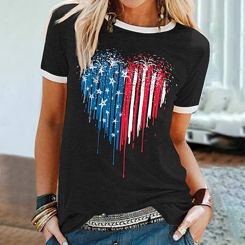 

Women's Painting T shirt Heart USA Print Round Neck Basic Tops Black Gray Yellow