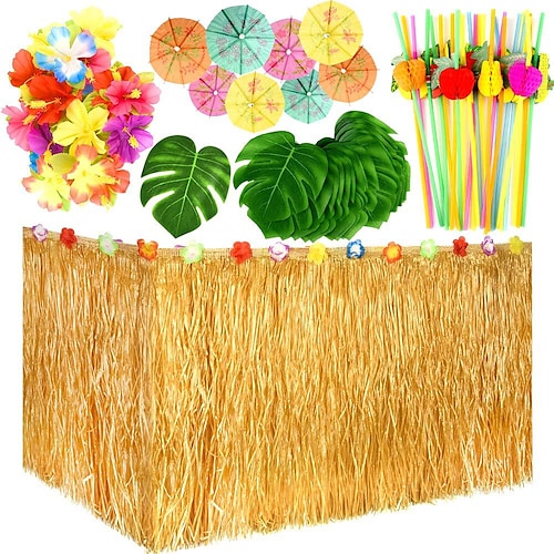 

Hawaiian Tropical Party Decorations with Hawaiian Luau Grass Table Skirt Palm Leaves and Hibiscus Flowers (Gold)