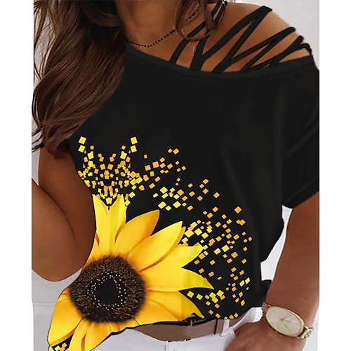 

Women's Plus Size Curve Tops T shirt Tee Floral Sunflower Cut Out Print Short Sleeve One Shoulder Streetwear Daily Vacation Polyester Spring Summer Black Blue