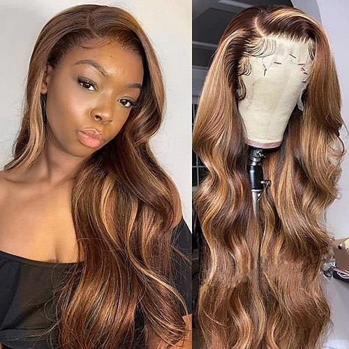 

Ombre Highlight Lace Front Wig Body Wave Human Hair Wig 4/27 Brown To Blonde 13x4 Lace Frontal Human Hair Wig Pre Plucked With Baby Hair