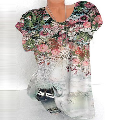 

Women's Plus Size Tops T shirt Floral Print Short Sleeve Crewneck Streetwear Daily Sports Cotton Spandex Jersey Spring Summer Gray