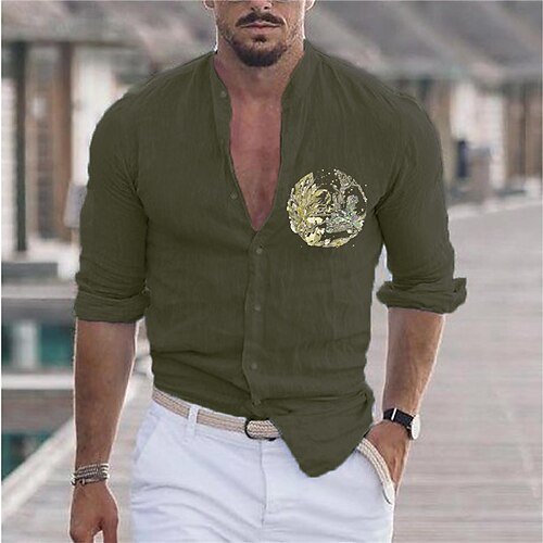 

Men's Shirt Hot Stamping Plants Graphic Collar Street Casual Button-Down Print Long Sleeve Tops Casual Fashion Designer Big and Tall White Black Army Green