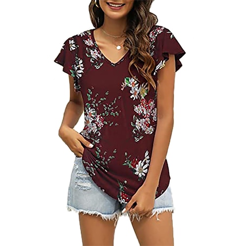 

Women's Casual Daily Floral T shirt Tee Graphic Short Sleeve Patchwork Print V Neck Vintage Tops Loose Blue Wine Light Blue S / 3D Print