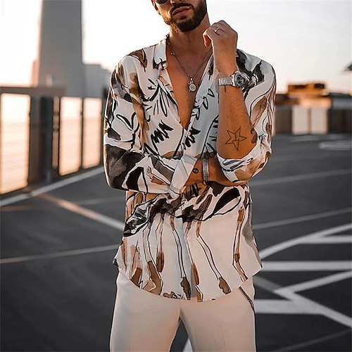 

Men's Shirt Floral Turndown Street Casual Button-Down Long Sleeve Tops Casual Fashion Breathable Comfortable White