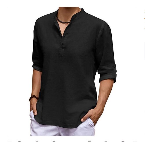 

Men's Shirt Solid Color Stand Collar Beige Black Street Casual Short Sleeve Button-Down Clothing Apparel Fashion Classic Comfortable Big and Tall / Summer / Spring / Summer