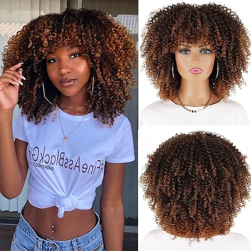 

Short Curly Afro Wigs with Bangs for Black Women Brown Afro Kinky Curly Wigs Synthetic Heat Resistant Fluffy Brown Wigs