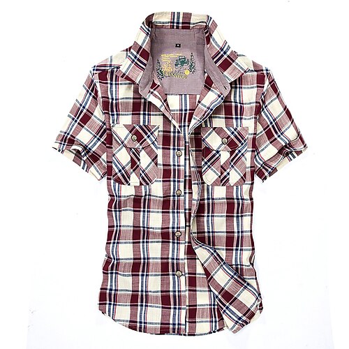 

Men's Shirt Other Prints Tartan Turndown Daily Work Print Short Sleeve Tops Simple Casual Light Green Red