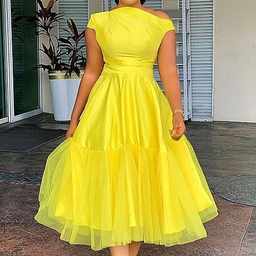 

Women's Plus Size Party Dress Solid Color Off Shoulder Mesh Short Sleeve Fall Winter Prom Dress Midi Dress Party Dress / Homecoming Dress