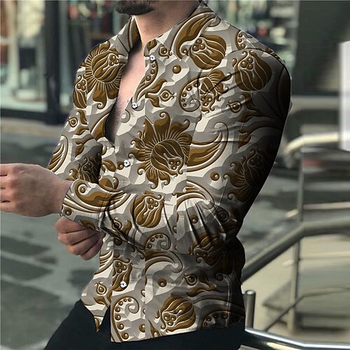 

Men's Shirt Graphic Shirt Floral Turndown Beige 3D Print Outdoor Street Long Sleeve Button-Down Print Clothing Apparel Fashion Designer Casual Breathable / Summer / Spring / Summer